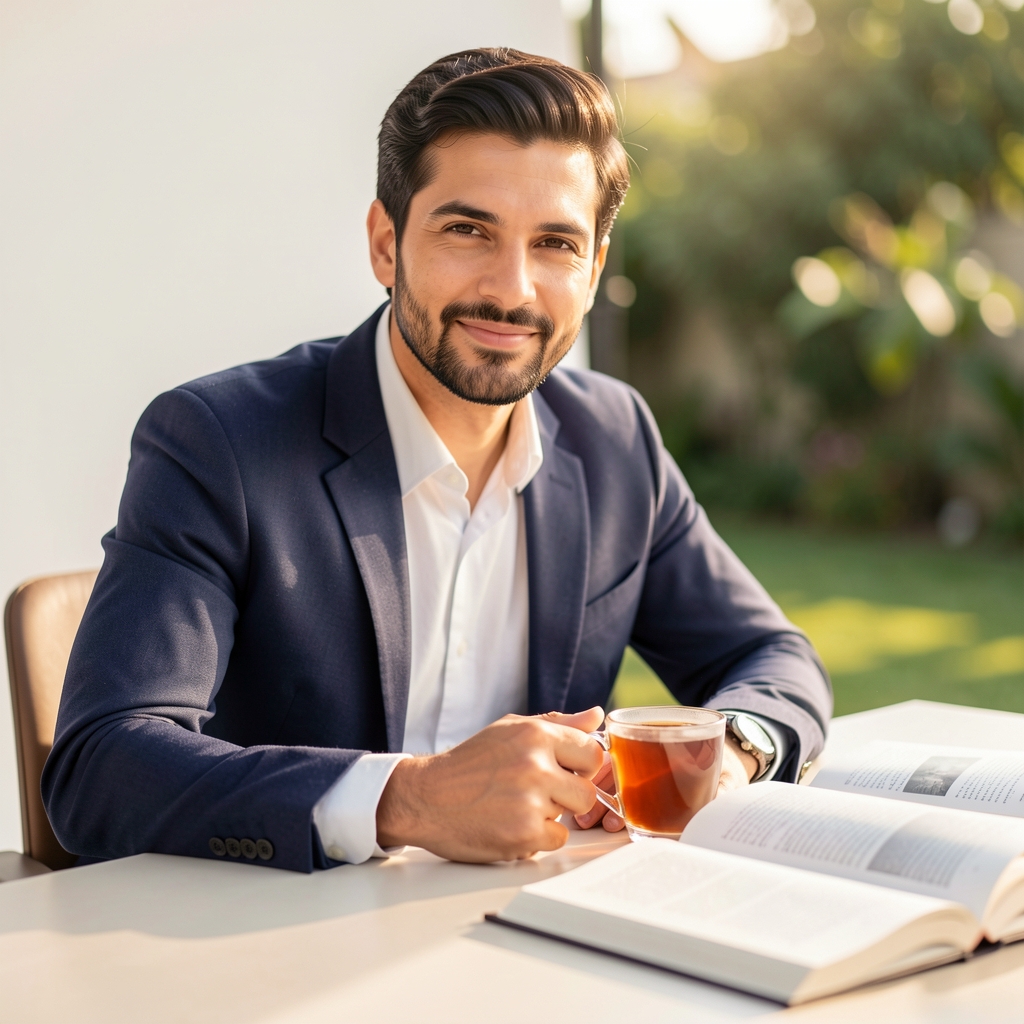 Editorial portrait of a man working at a bright studio desk with a cup of tea and open books, photographed in warm natural light