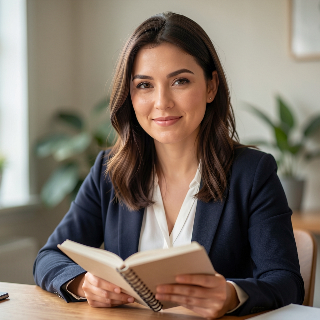 Editorial portrait of a woman with a notebook in a softly lit room, photographed at a slight distance to show the quiet working environment