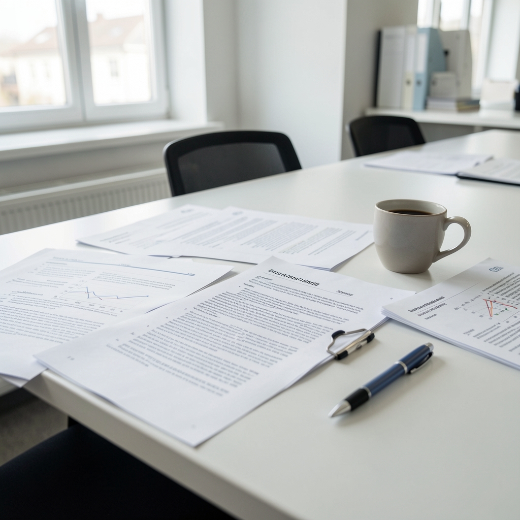 A workspace with spread-out printed research papers, a pen, and a coffee cup, showing the early stage of editorial research in a clean bright office