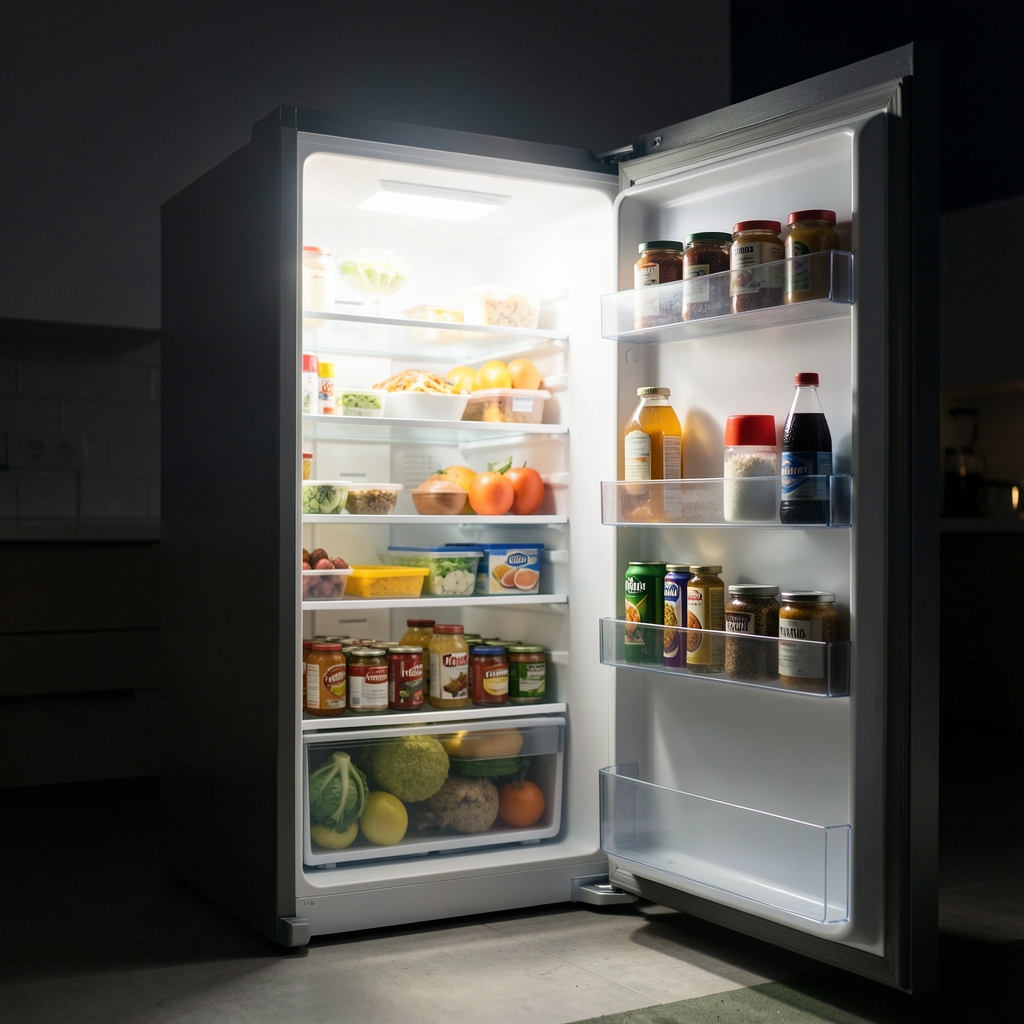 An open refrigerator at night with bright interior light casting a glow on a person's hand reaching for a container — late-night food access documented in a home kitchen
