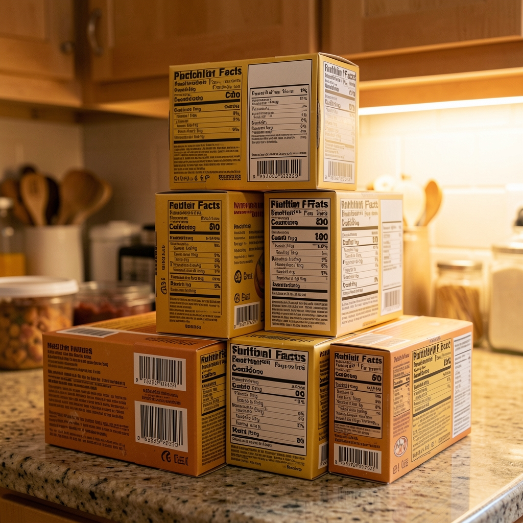 Multiple ready meal packaging boxes stacked on a kitchen counter under warm artificial light, showing labels and ingredient lists in a home setting