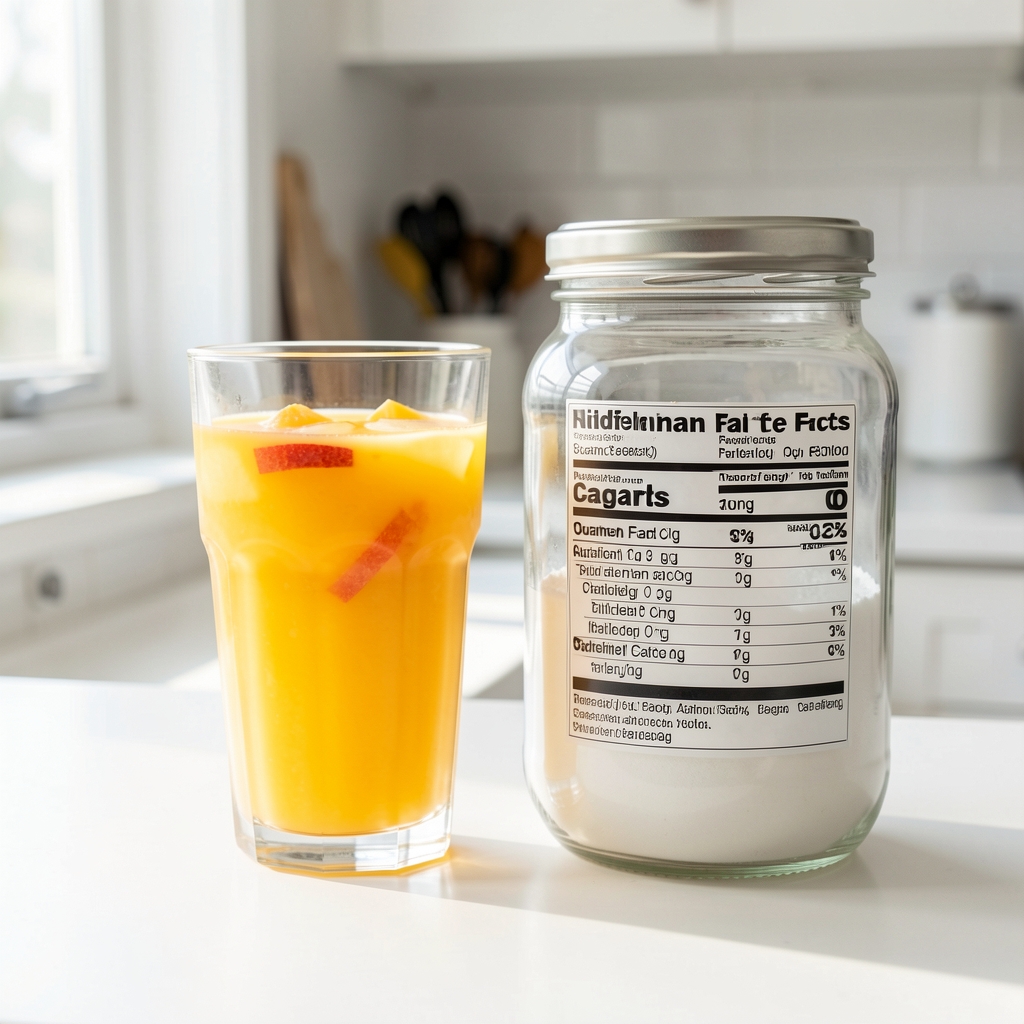 A glass of fruit juice beside a sugar jar and a nutritional label on a white kitchen surface in bright natural daylight, illustrating hidden sugar content