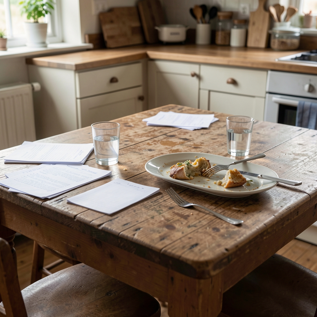 A well-worn wooden kitchen table with scattered notes, a half-eaten meal, and a glass of water — documenting an ordinary midday eating moment