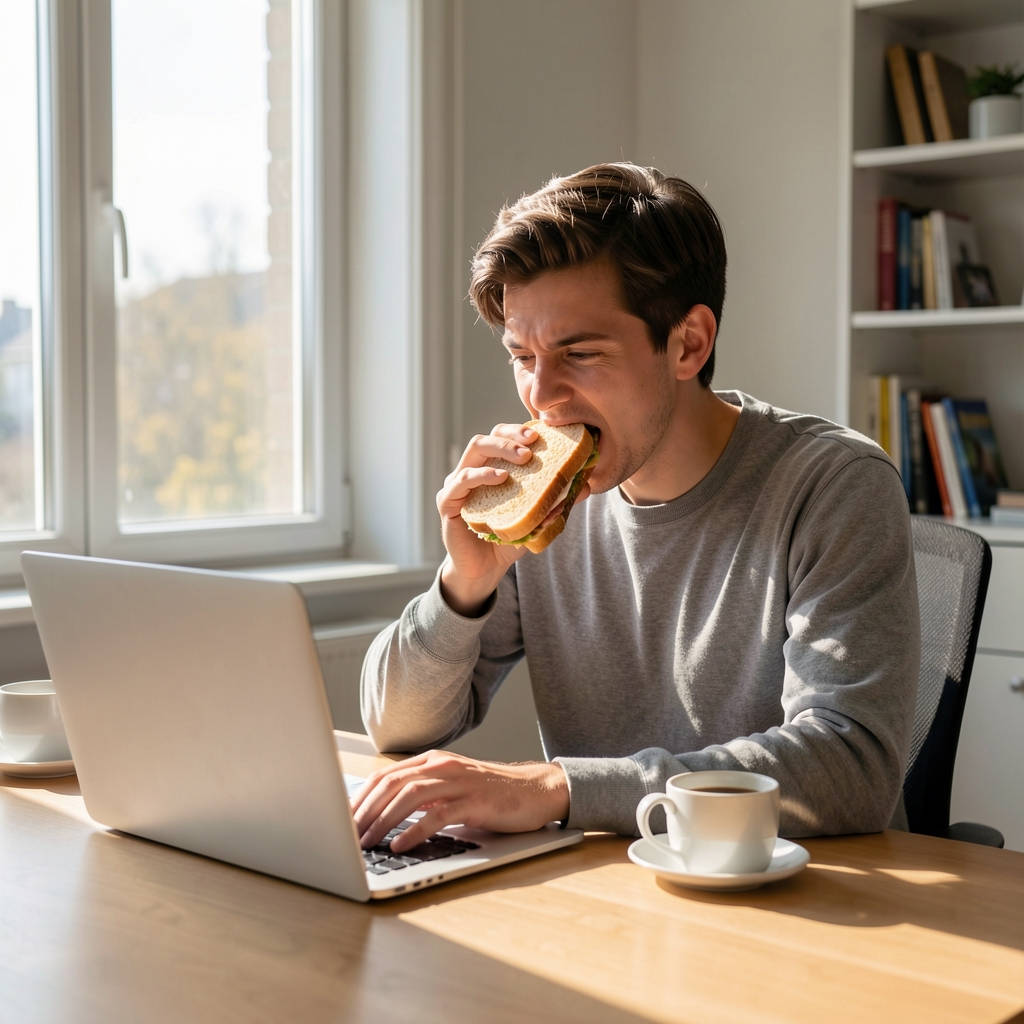 A person sitting at a desk eating a sandwich quickly while working on a laptop, midday sunlight from a side window, illustrating eating speed and distracted meals