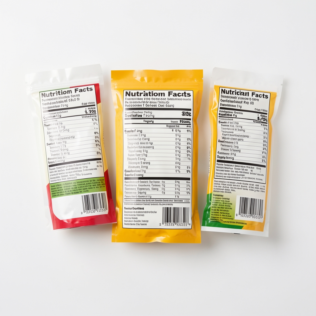 Nutritional labels on the back of several packaged goods laid flat on a white surface, with sugar content highlighted under bright studio lighting