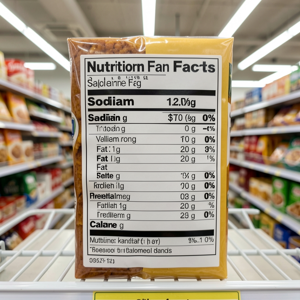 Close-up of a nutrition label on a ready meal packaging showing sodium, fat and calorie information under fluorescent supermarket lighting